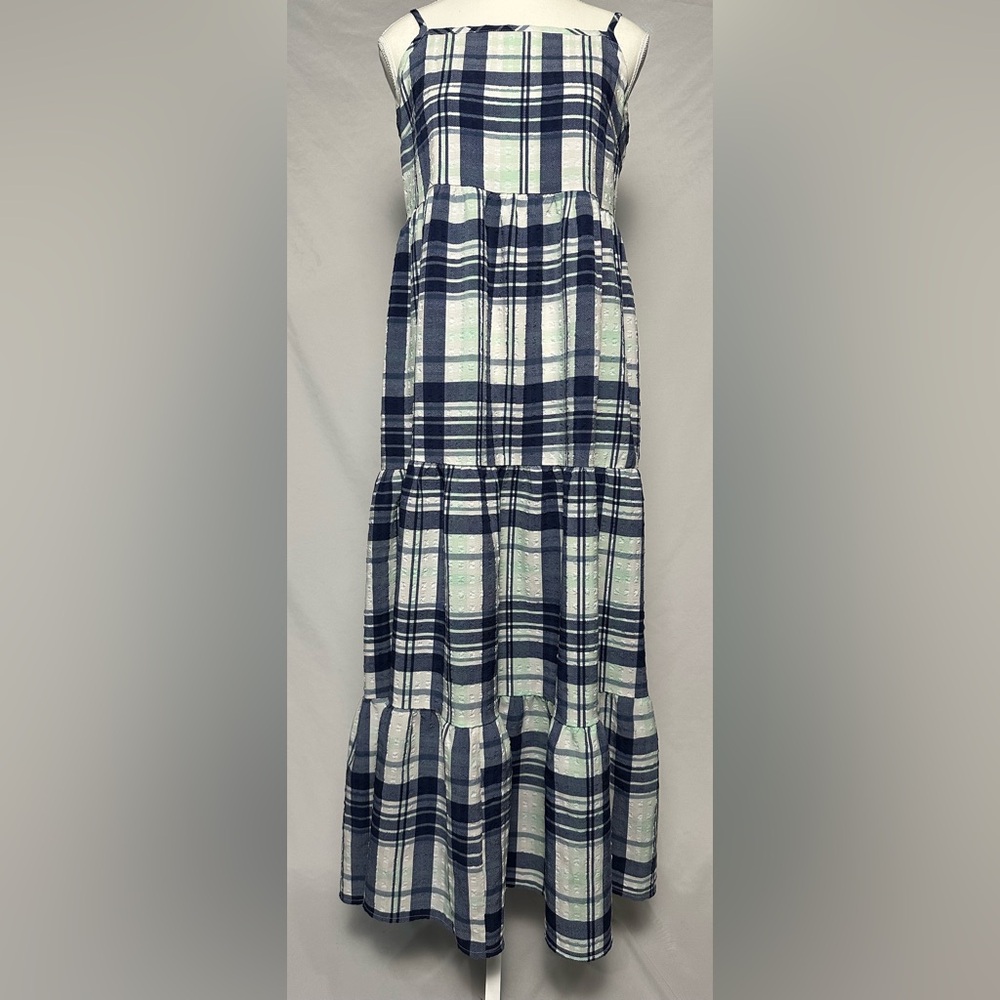 LEE Blue Plaid Tiered Western Summer Strappy Maxi Dress‎ Size M